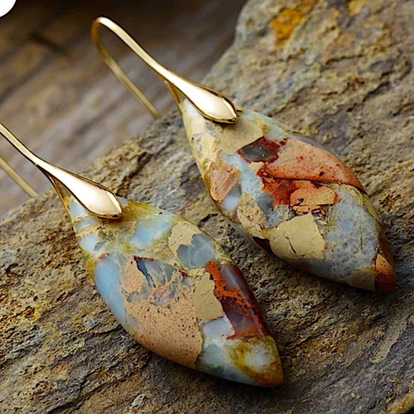 Handcrafted Jasper Leaf Earrings Imperial Gemstone Dangles Stone Jewelry - Picture 2 of 3